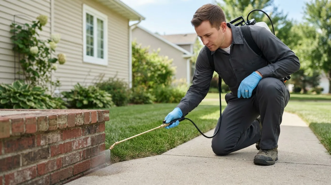 Pest control technician treating a home near Candor, NC